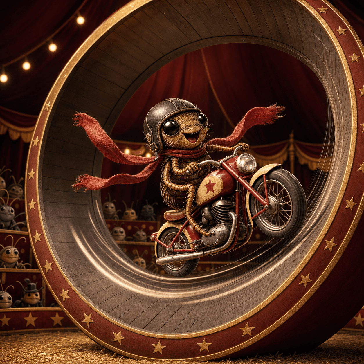 Bugg jumping a tiny motorcycle between circus ramps