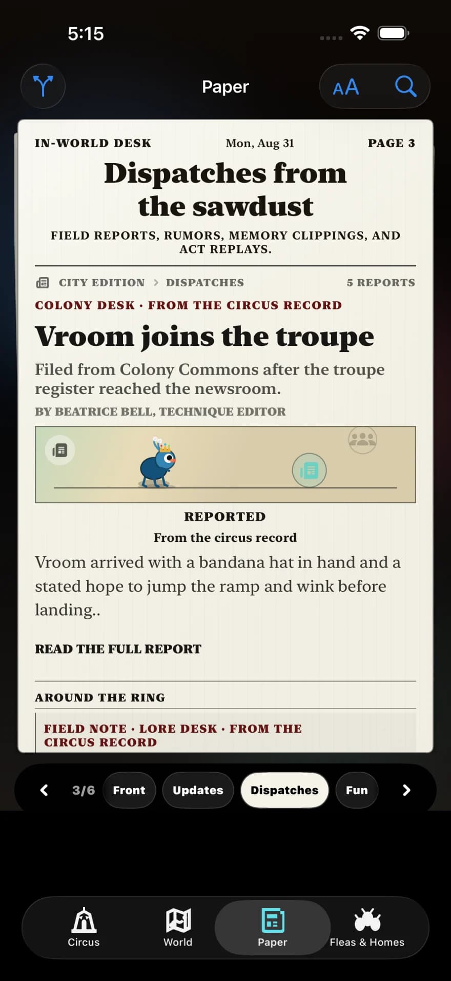 The Daily Flea newspaper on iPhone, with illustrated headlines reporting events from the living circus.