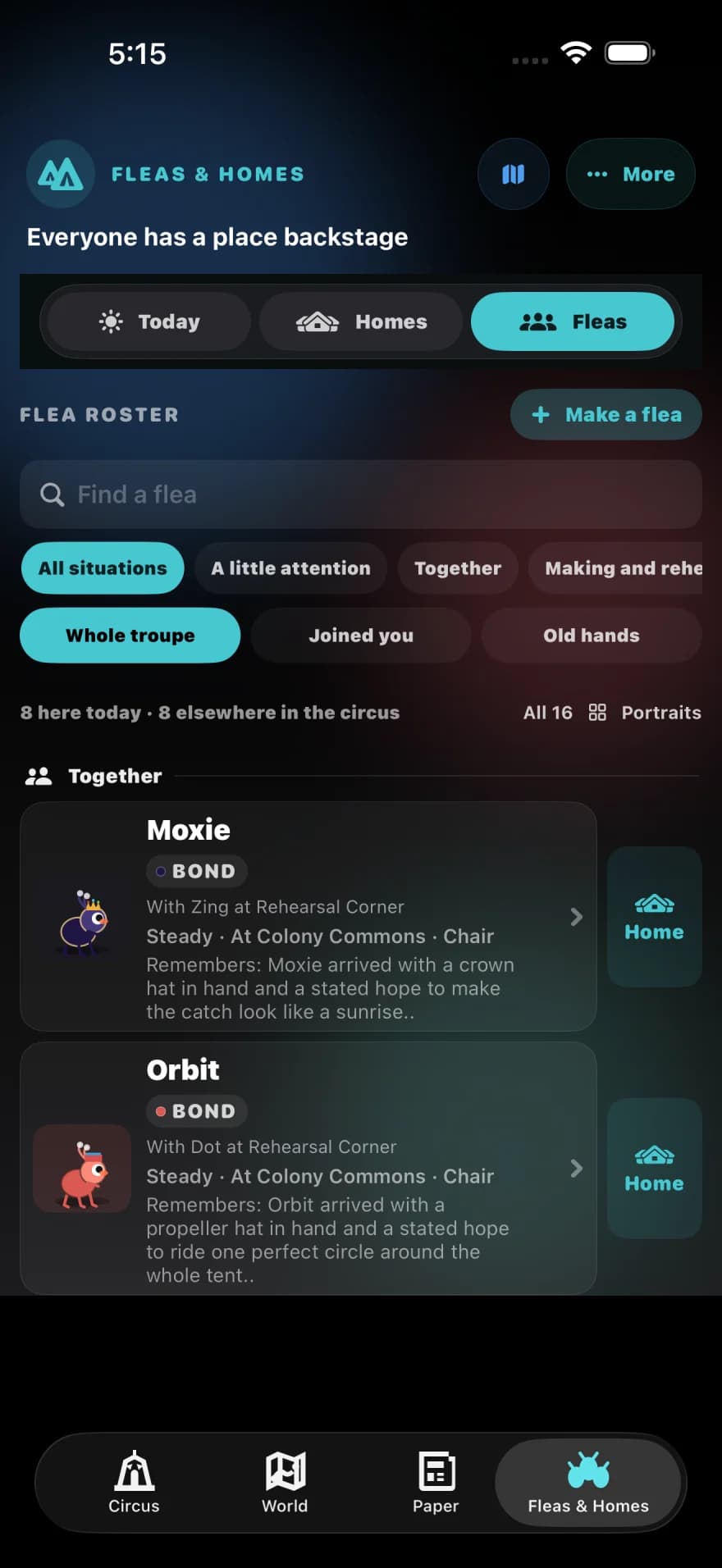 A colorful colony roster on iPhone, showing distinct flea performers, moods, and activities.