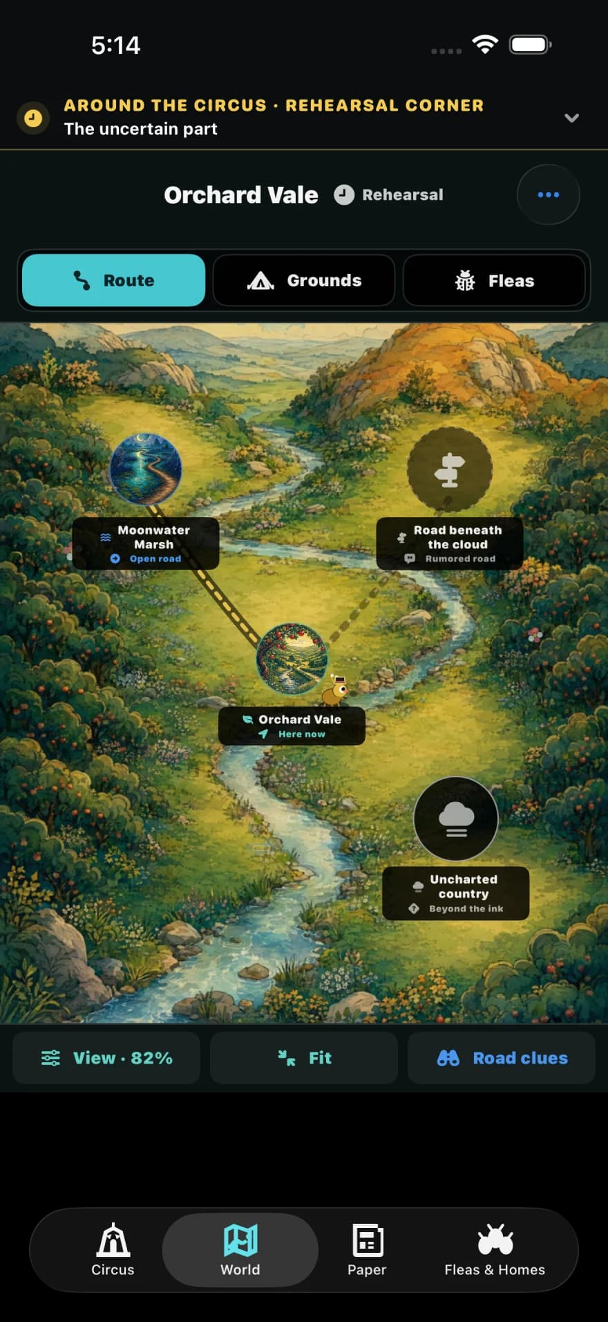 The Living Route on iPhone, showing the circus journey and named destinations on an illustrated map.