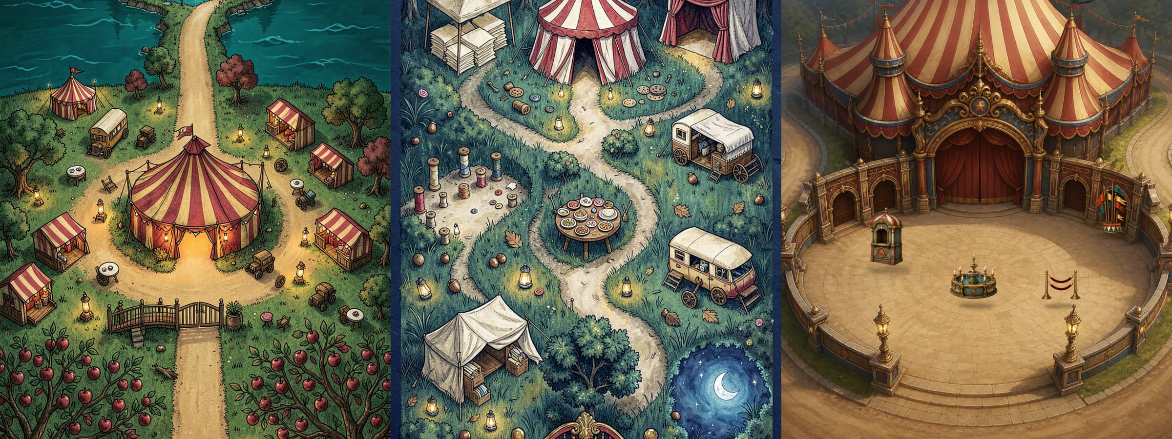 Circus map, route art, and assembled center ring grounds