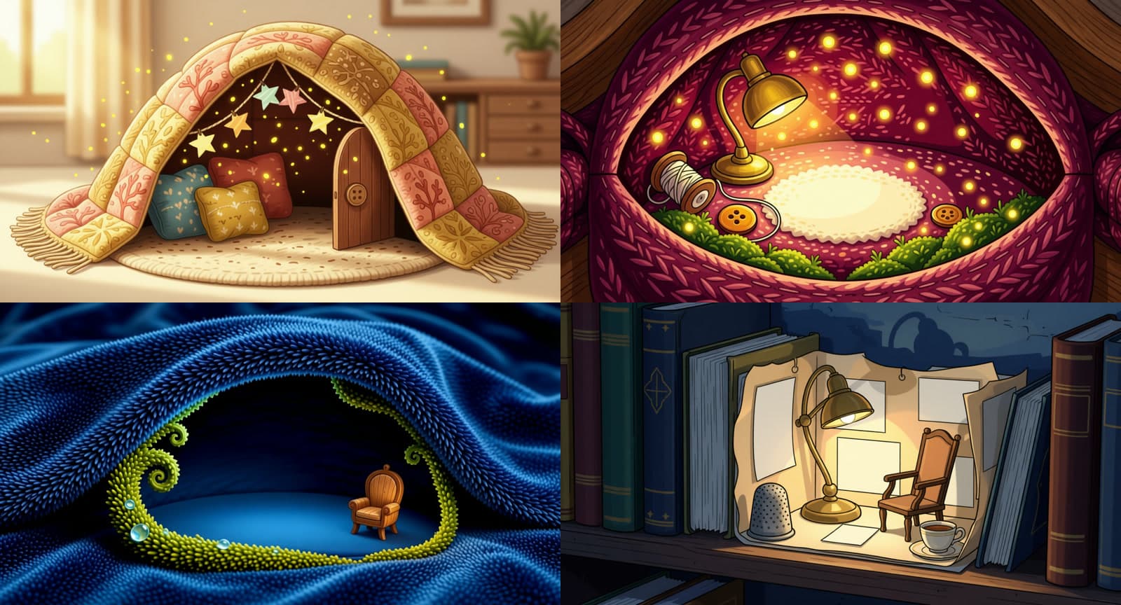 Four cozy flea habitat scenes in a contact sheet