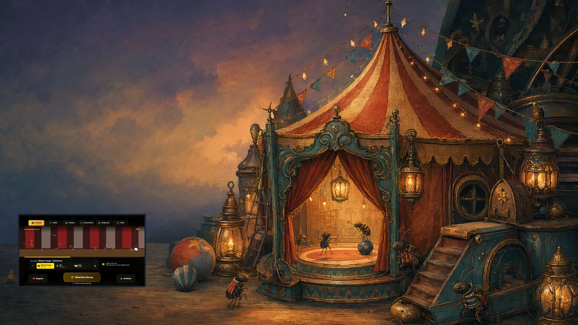 Editorial flea circus hero art with a real tvOS circus capture inset