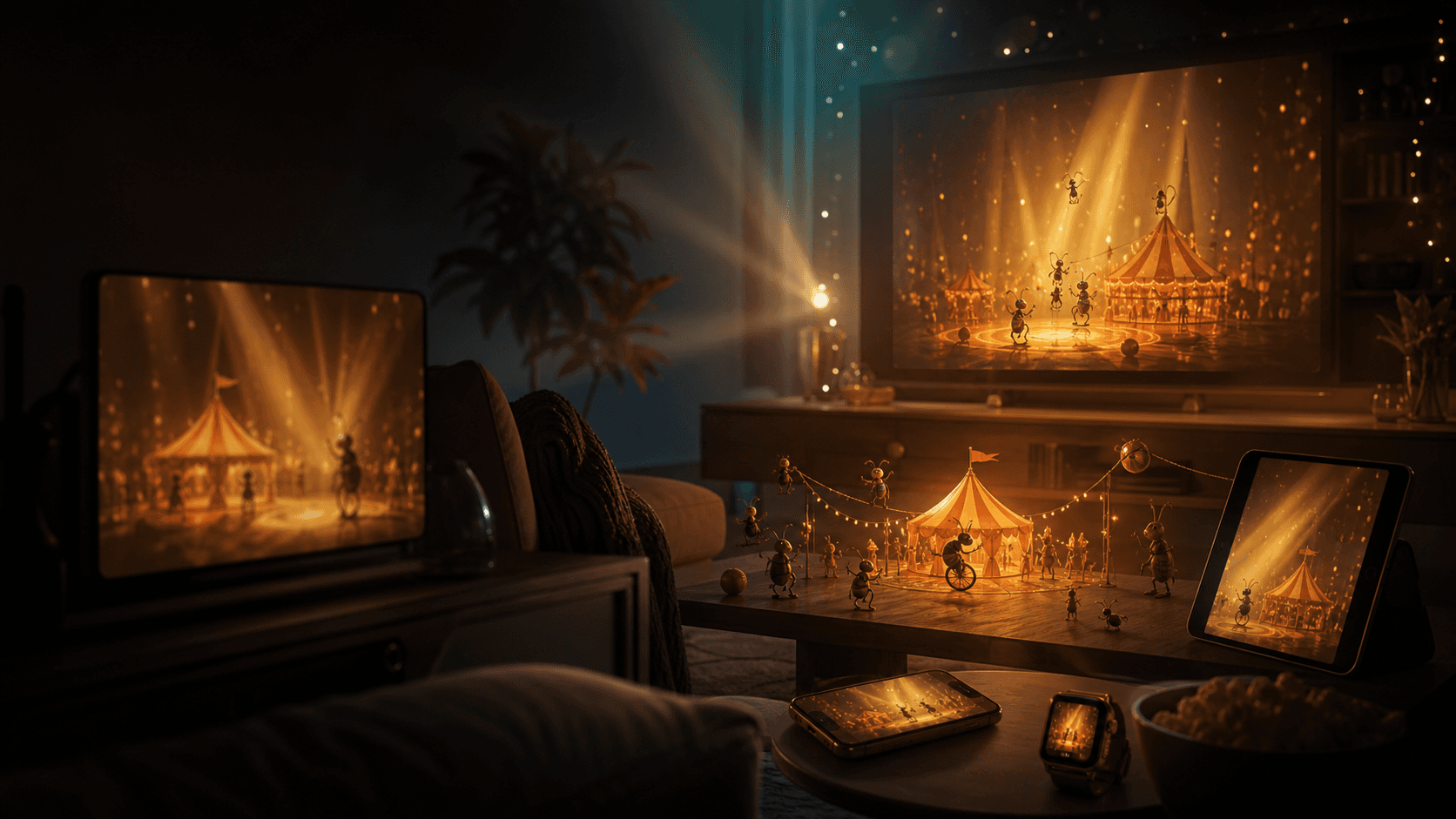 FleaWinder Living Circus illustrated across iPhone, iPad, and Apple TV