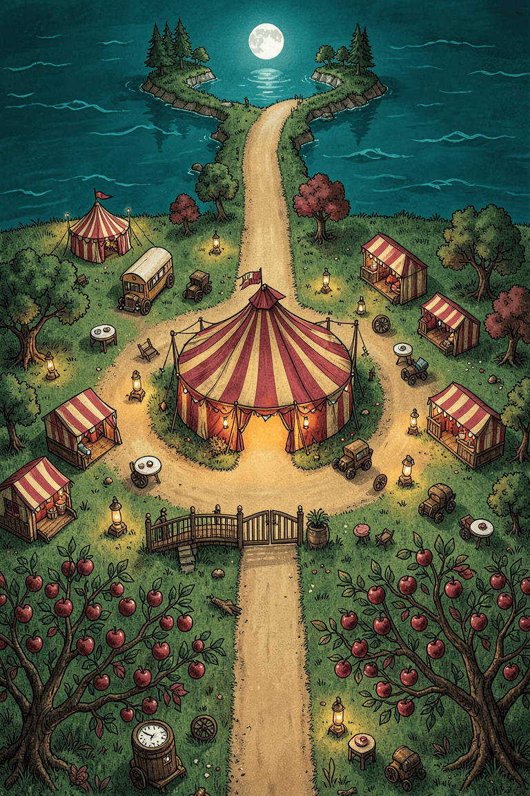 An illustrated night map of the FleaWinder Living Circus grounds