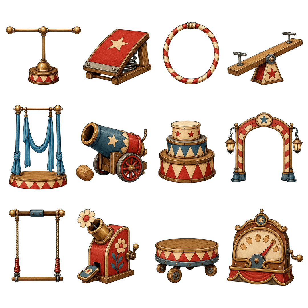 Illustrated collection of tiny habitat props from the FleaWinder workshop